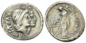 Mn. Cordius Rufus AR Denarius, 46 BC 

Mn. Cordius Rufus. AR Denarius (17-19 mm, 3.84 g), Rome, 46 BC.
Obv. RVFVS.III.VIR, Jugate heads of Dioscuri...