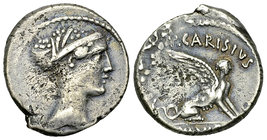 T. Carisius AR Denarius, 46 BC 

T. Carisius. AR Denarius (17-18 mm, 3.75 g), Rome, 46 BC.
Obv. Head of Sibyl to right.
Rev. Sphinx to right; abov...