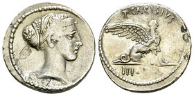 T. Carisius AR Denarius, 46 BC 

T. Carisius. AR Denarius (18 mm, 3.85 g), Rome, 46 BC.
Obv. Head of Sibyl to right.
Rev. Sphinx to right; above, ...