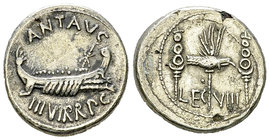 Marcus Antonius Fourré Denarius, 32-31 BC 

Marcus Antonius. Fourré Denarius (17 mm, 3.37 g), 32-31 (or later).
Obv. ANT AVG III·VIR·R·P·C, Galley ...