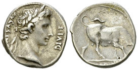 Augustus AR Denarius, Bull reverse 

Augustus (27 BC - 14 AD). AR Denarius (17-18 mm, 3.72 g), Lugdunum, 11-10 BC.
Obv. AVGVSTVS DIVI F, Laureate h...