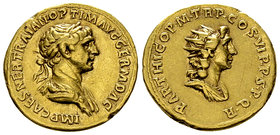 Traianus Aureus, Sol reverse 

Traianus (98-117 AD). Aureus (19-20 mm, 7.11 g), Rome, 116/117.
Obv. IMP CAES NER TRAIAN OPTIM AVG GERM DAC, Laureat...