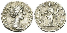Crispina AR Denarius, Hilaritas reverse 

Commodus (177-192 AD) for Crispina. AR Denarius (17 mm, 2.78 g), Rome.
 Obv. CRISPINA AVGVSTA, Draped bus...