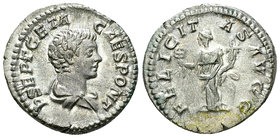 Geta AR Denarius, Felicitas reverse 

Septimius Severus (193-211 AD) for Geta Caesar. AR Denarius (19-20 mm, 3.45 g), Rome, 200-202.
Obv. P SEPT GE...