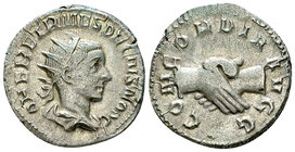 Herennius Etruscus AR Antoninianus, Clasped hands reverse 

Traianus Decius (249-251 AD) for Herennius Etruscus Caesar. AR Antoninianus (21 mm, 3.79...