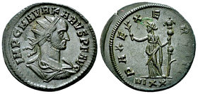Carus AE Antoninianus, Pax reverse 

 Carus (282-283 AD). AE Antoninianus (21-23 mm, 3.92 g), Ticinum, 282.
Obv. IMP C M AVR KARVS (sic) P F AVG, R...