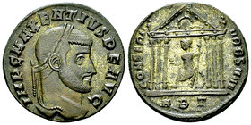 Maxentius silvered AE Nummus, Roma in temple reverse 

Maxentius (306-312 AD). Silvered AE Nummus (25 mm, 7.28 g), Rome, c. 308-310.
Obv. IMP C MAX...