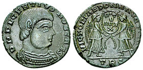 Decentius AE Maiorina, Vota reverse 

Decentius (350-353 AD). AE Maiorina (19 mm, 4.12 g), Treveri, late 351.
Obv. D N DECENTIVS NOB CAES, Barehead...