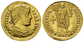 Valens AV Solidus, Emperor reverse 

Valens (364-378 AD). AV Solidus (20 mm, 4.08 g), Antioch, 364.
Obv. D N VALENS PER F AVG, Pearl-diademed, drap...
