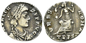 Valens AR Siliqua, Roma reverse 

Valens (364-378 AD). AR Siliqua (16-18 mm, 1.67 g), Treveri, 367-375.
Obv. D N VALENS P F AVG, Pearl-diademed, dr...