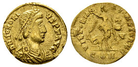 Honorius AV Tremissis, Ravenna 

Honorius (393-423 AD). AV Tremissis (12-13 mm, 1.44 g), Ravenna, 394-402.
Obv. D N HONORIVS P F AVG, Draped and cu...
