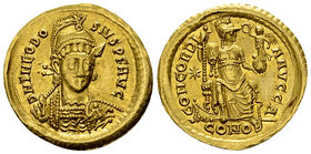 Theodosius II AV Solidus, Constantinople 

Theodosius II (402-450 AD). AV Solidus (21 mm, 4.35 g), Constantinople, 408-420.
Obv. D N THEODOSIVS P F...