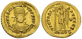 Marcianus AV Solidus, Constantinople 

Marcianus (450-457 AD). AV Solidus (20-21 mm, 4.46 g), Constantinople.
Obv. D N MARCIANVS P F AVG, Pearl-dia...