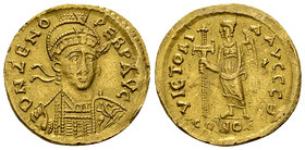 Zeno AV Solidus, Constantinople 

Zeno, second reign (476-491 AD). AV Solidus (19 mm, 4.47 g), Constantinople.
Obv. D N ZENO PERP AVG, Pearl-diadem...