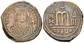 Mauricius Tiberius AE Follis, Theoupolis 

Mauricius Tiberius (582-602). AE Follis (29-30 mm, 12.90 g), Theoupolis (Antioch) mint, dated regnal year...