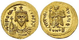 Phocas AV Solidus, Constantinople 

Phocas (602-610). AV Solidus (21 mm, 4.47 g), Constantinople, 607-610.
Obv. d N FOCAS PERP AVG, Bust facing, be...