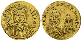 Theophilus, with Constantine and Michael II AV Solidus 

Theophilus, with Constantine and Michael II (829-842 AD). AV Solidus (20 mm, 4.51 g), Const...