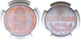 Austria, AE 2 Kreuzer 1848 A, Wien 

Austria. Franz Joseph I. AE 2 Kreuzer 1848 A, Wien.
KM 2188.

NGC MS64 BN.