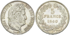 Louis-Philippe I, AR 5 Francs 1840 BB, Strasbourg 

France. Louis-Philippe I. AR 5 Francs 1840 BB (24.96 g), Strasbourg.
Gad. 678.

Magnifique ex...