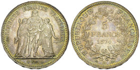France, AR 5 Francs 1874 A, FDC

France, IIIe République. AR 5 Francs 1874 A (25.03 g), Paris.
Gad. 745a.

Magnifique exemplaire avec une jolie p...