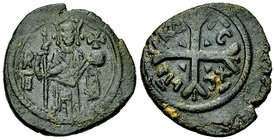 Ruggero II AE Follaro, Messina 

Italia, Sicilia (Regno). Ruggero II. Conte (1105-1130 AD). AE Follaro (21-22 mm, 3.98 g), Messina, c. 1127-1130.
O...