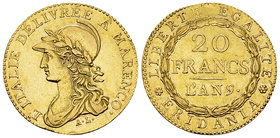 Repubblica Subalpina, AV 20 Francs an 9, Marenco 

Italia. Repubblica Subalpina (1800-1802). AV 20 Franchi an 9 (1801/1802) (22 mm, 6.39 g). Marenco...