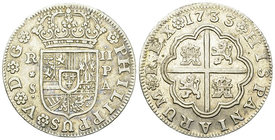 Spain AR 2 Reales 1733, Sevilla 

Spain. Felipe V. AR 2 Reales 1733 (27 mm, 5.94 g), Sevilla.
Cal. 1433.

Very fine.