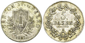 St. Gallen, AR 5 Batzen 1813 

Schweiz, St. Gallen, Kanton. AR 5 Batzen 1813 (21 mm, 4.20 g).
 HMZ 2-914f. 

 Fast vorzüglich.