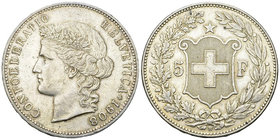 Schweiz, AR 5 Franken 1908 B 

Schweiz, Eidgenossenschaft. AR 5 Franken 1908 B (24.96 g), Bern.
 HMZ 2-1198l; KM 34. 

Sehr schön.