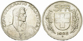 Schweiz, AR 5 Franken 1925 B 

Schweiz, Eidgenossenschaft. AR 5 Franken 1925 B (24.92 g), Bern. 
HMZ 2-1199e. 

Sehr schön bis vorzüglich.