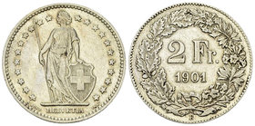 Schweiz, AR 2 Franken 1901 B 

Schweiz, Eidgenossenschaft. AR 2 Franken 1901 (9.91 g).
Divo 190; HMZ 2-1202h.

Selten, besonders in dieser überdu...
