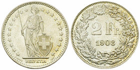 Schweiz, Eidgenossenschaft, AR 2 Franken 1908, selten 

Schweiz, Eidgenossenschaft. AR 2 Franken 1908 (27 mm, 9.98 g). 
KM 21.

In dieser überdur...