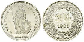 Schweiz, AR 2 Franken 1931 B 

Schweiz, Eidgenossenschaft. AR 2 Franken 1931 B (10.02 g), Mzst. Bern.
KM 21.

Fast FDC.