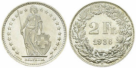 Schweiz, AR 2 Franken 1936 B 

Schweiz, Eidgenossenschaft. AR 2 Franken 1936 B (10.03 g), Mzst. Bern.
KM 21.

FDC.