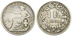 Schweiz, AR 1 Franken 1860 B 

Schweiz, Eidgenossenschaft. AR 1 Franken 1860 B (4.86 g), Bern. 
HMZ 2-1203d. 

 Selten. Gutes schön.