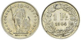 Schweiz, AR 1 Franken 1904 B 

Schweiz, Eidgenossenschaft. AR 1 Franken 1904 B (4.94 g), Mzst. Bern.
KM 24.

Vorzüglich.