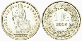 Schweiz, AR 1 Franken 1904 B 

Schweiz, Eidgenossenschaft. AR 1 Franken 1904 B (4.99 g), Mzst. Bern.
KM 24.

Vorzüglich bis unzirkuliert.