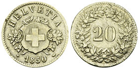 Schweiz, Fälschung des 20 Rappen 1850 B 

Schweiz, Eidgenossenschaft. Zeitgenössische Fälschung des Zwanzigrappenstücks 1850 B (21 mm, 3.17 g). 
Ri...