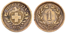 Schweiz, AE 1 Rappen 1853 B 

Schweiz, Eidgenossenschaft. AE 1 Rappen 1853 B (1.54 g), breites Kreuz.
KM 3.1.

Selten. Sehr schön.