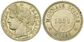 Schweiz, Essai des 1 Franken 1851 

Schweiz, Eidgenossenschaft. Essai des 1 Franken 1851 (23 mm, 4.12 g).
Divo -; Mazard 1377.

Auf dem Avers Gra...