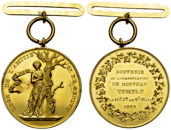 Genf, Vergoldete AE Medaille/Abzeichen 1839, Freimaurer 

 Schweiz, Genf/Genèv...