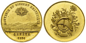 Genf, Vergoldete AE Medaille 1856, Concert Helvétique 

Schweiz, Genf/Genève. Vergoldete AE Medaille 1856 (25 mm, 5.83 g), Souvenir du concert helvé...