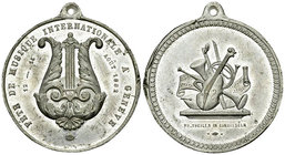Genf, WM Medaille 1882, Fête de Musique 

Schweiz, Genf/Genève. WM Medaille 1882 (42 mm, 22.50 g), Fête de Musique Internationale à Genève, 12-14 Ao...
