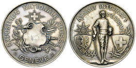 Genf, AR Medaille 1896, Assaut d'escrime 

Schweiz, Genf/Genève. AR Medaille 1896 (40 mm, 29.19 g), Exposition nationale Suisse, Assaut internationa...