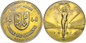 Genf, AE Medaille 1948 

Schweiz, Genf /Genève. AE Medaille 1948 (55 mm, 68.98 g), Champion Romand et Genevois, F.S.B.C.G. Von Pierre Baud.

Selte...