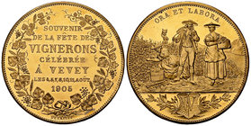 Vevey, AE Medaille 1905, Fête des Vignerons 

Schweiz, Waadt. Vevey. AE Medaille 1905 (40 mm, 26.37 g), Fête des Vignerons. Von Defailly.

Unzirku...
