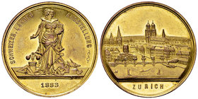 Zürich, Vergoldete AE Medaille 1883, sehr selten 

Schweiz, Zürich. Vergoldete AE Medaille 1883 (33 mm, 23.24 g), auf die Schweizerische Landesausst...