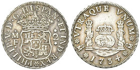 Mexico AR 2 Reales 1734 

Mexico. Felipe V. AR 2 Reales 1734 (28 mm, 6.65 g).
Cal. 1277.

Very fine.