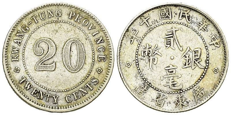 Kwangtung AR 20 Cents 1921 

China. Kwangtung Province. AR 20 Cents year 10 (1...