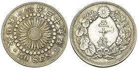 Japan AR 50 Sen 1906 

Japan. AR 50 Sen Year 39 (1906) (10.11 g).
KM Y31.

Nicely toned and extremely fine.
